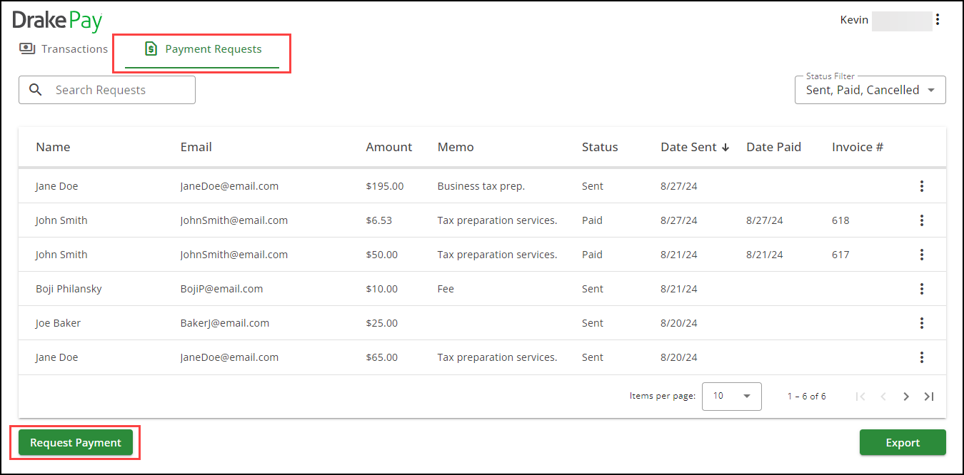 The Payment Requests tab of the Drake Pay Manager